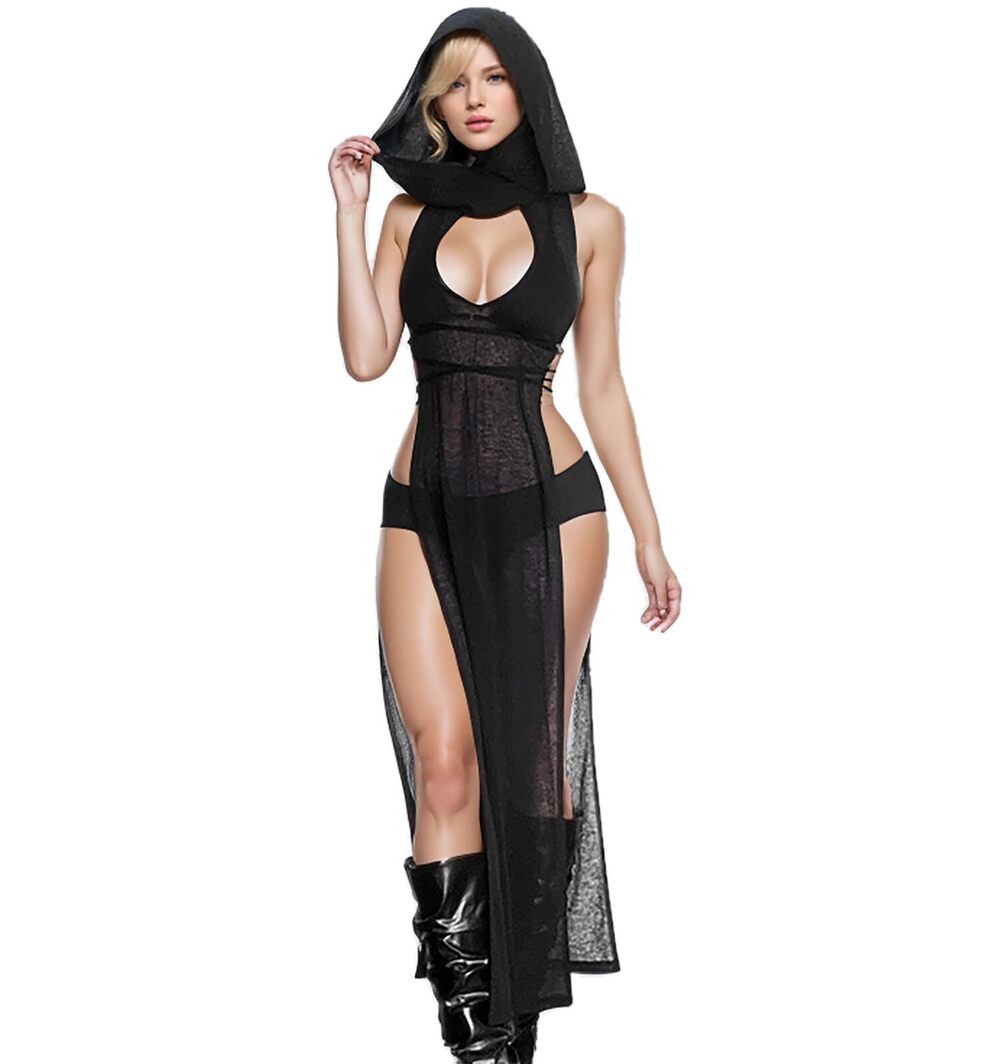 4215 Rave Outfits , Goth Sleeveless Hooded Sheer Dress, Double Split Hollow